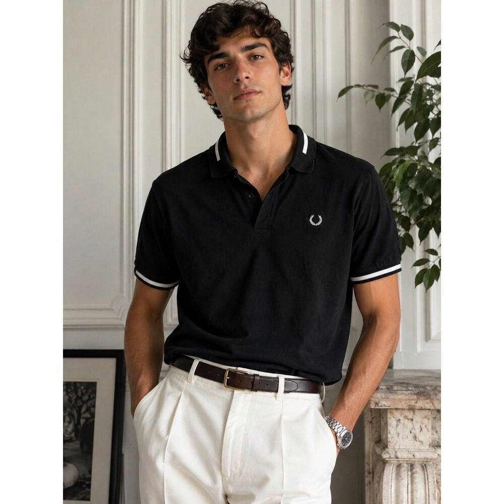 Fred Perry Polo Shirt 44" Black White Twin Tipped Pique Cotton Portugal Preppy